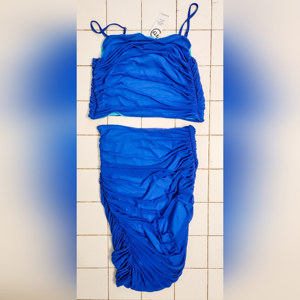 Blue Ruched Two-Piece Skirt Set